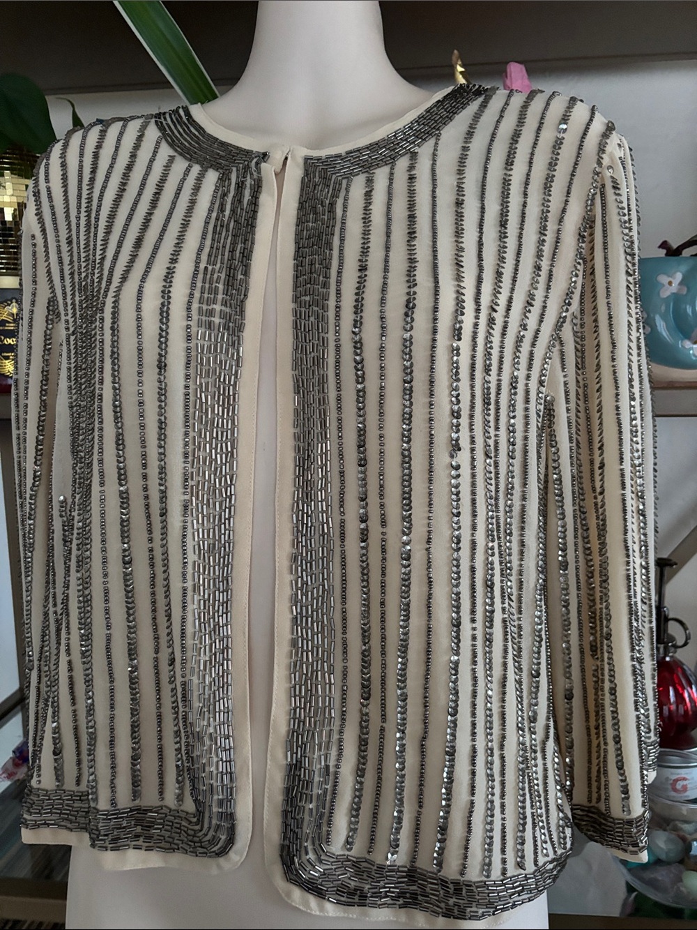 Forever 21 Beaded Embellished Evening Jacket Bolero Cream Silver Sz M